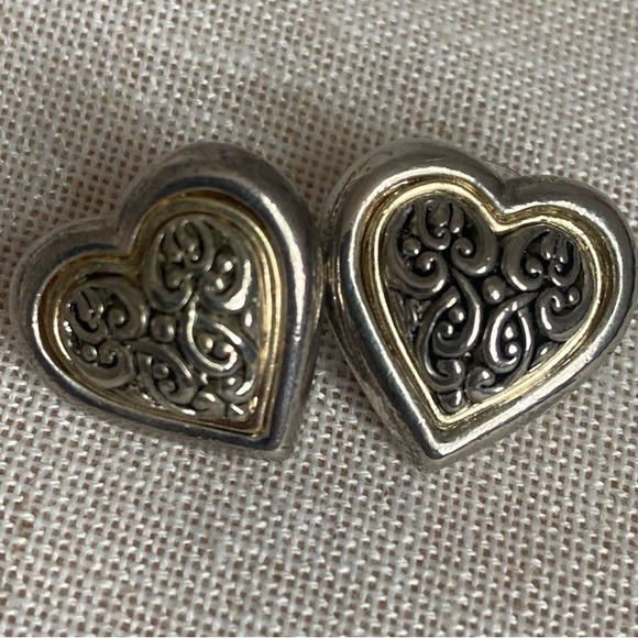 Silver Heart shape Earrings ornate Brighton Swirl pierced earrings gold puffy - Picture 2 of 15